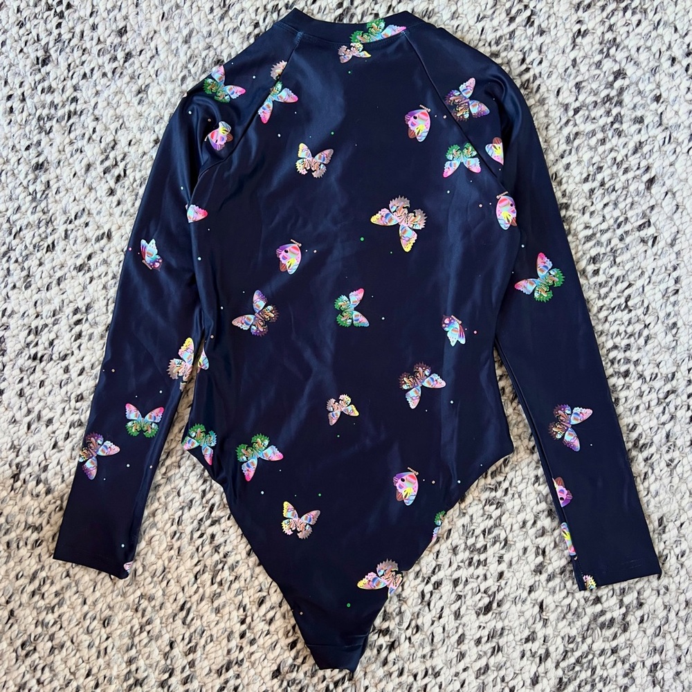 Cynthia Rowley black blue pink butterfly print front zip surf swimsuit - Picture 6 of 9